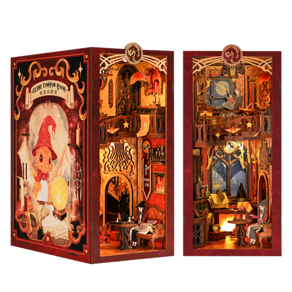 Cutebee Flame Common Room book nook, twee aanzichten met transparante achtergrond
