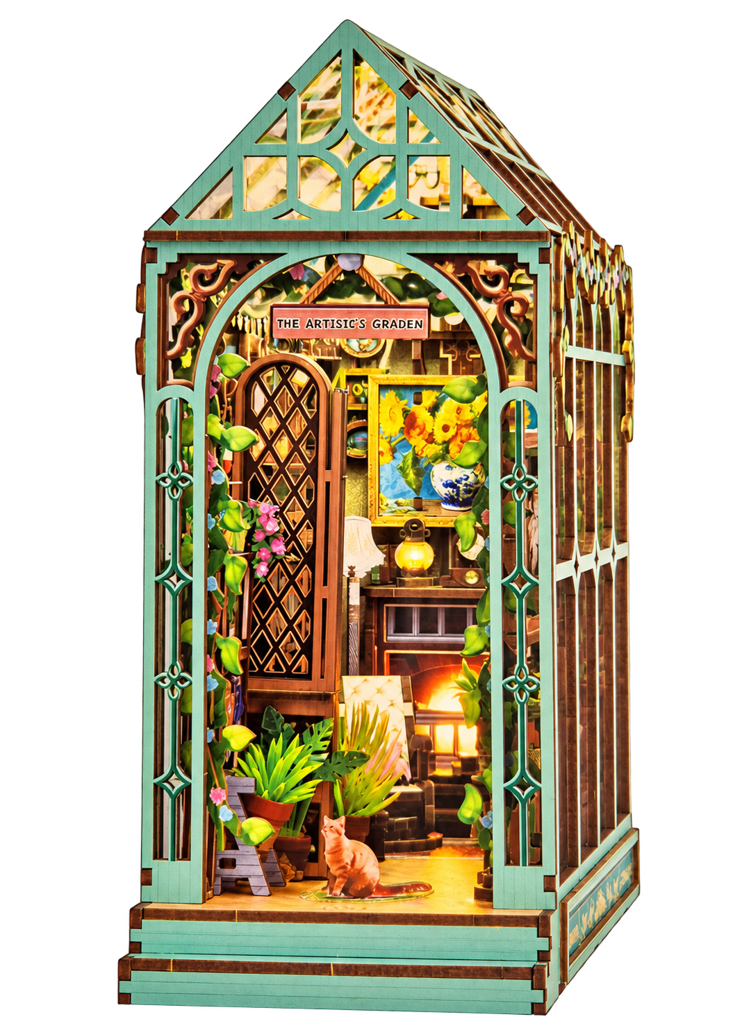 Inspirebox Sunroom book nook BE013166 met groene serre, planten en kat