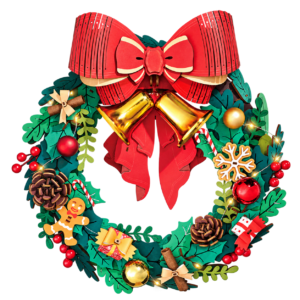 Rolife Christmas Wreath TGL04 houten kerstkrans met rode strik en gouden bellen