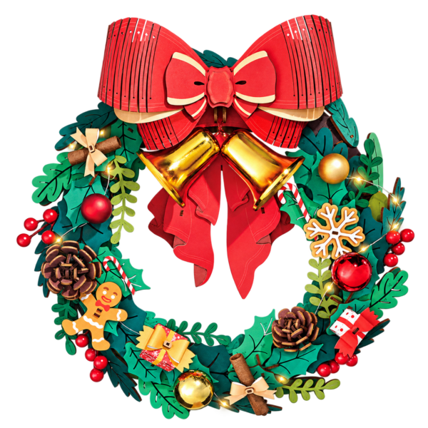 Rolife Christmas Wreath TGL04 houten kerstkrans met rode strik en gouden bellen