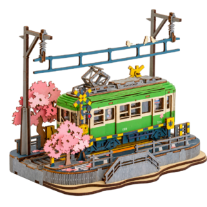 Rolife Sakura Journey TGS02 houten miniatuur met groene tram en roze bloesembomen