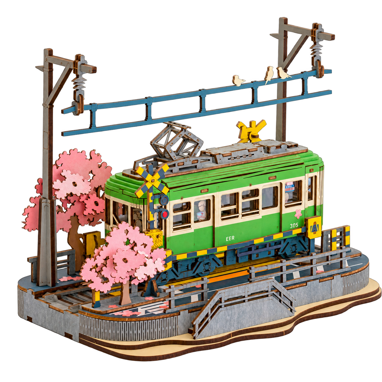 Rolife Sakura Journey TGS02 houten miniatuur met groene tram en roze bloesembomen