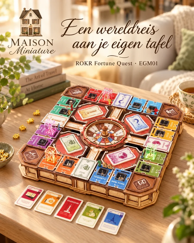 Sfeerfoto van het ROKR Fortune Quest EGM01 tafelspel met Maison Miniature-logo en de tekst Een wereldreis aan je eigen tafel