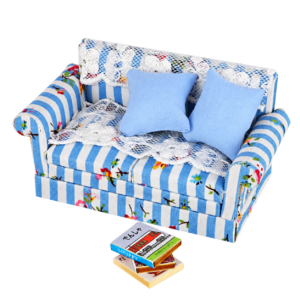 DIY miniatuur tweezitsbank met blauwe kussens en boeken op schaal 1:18
