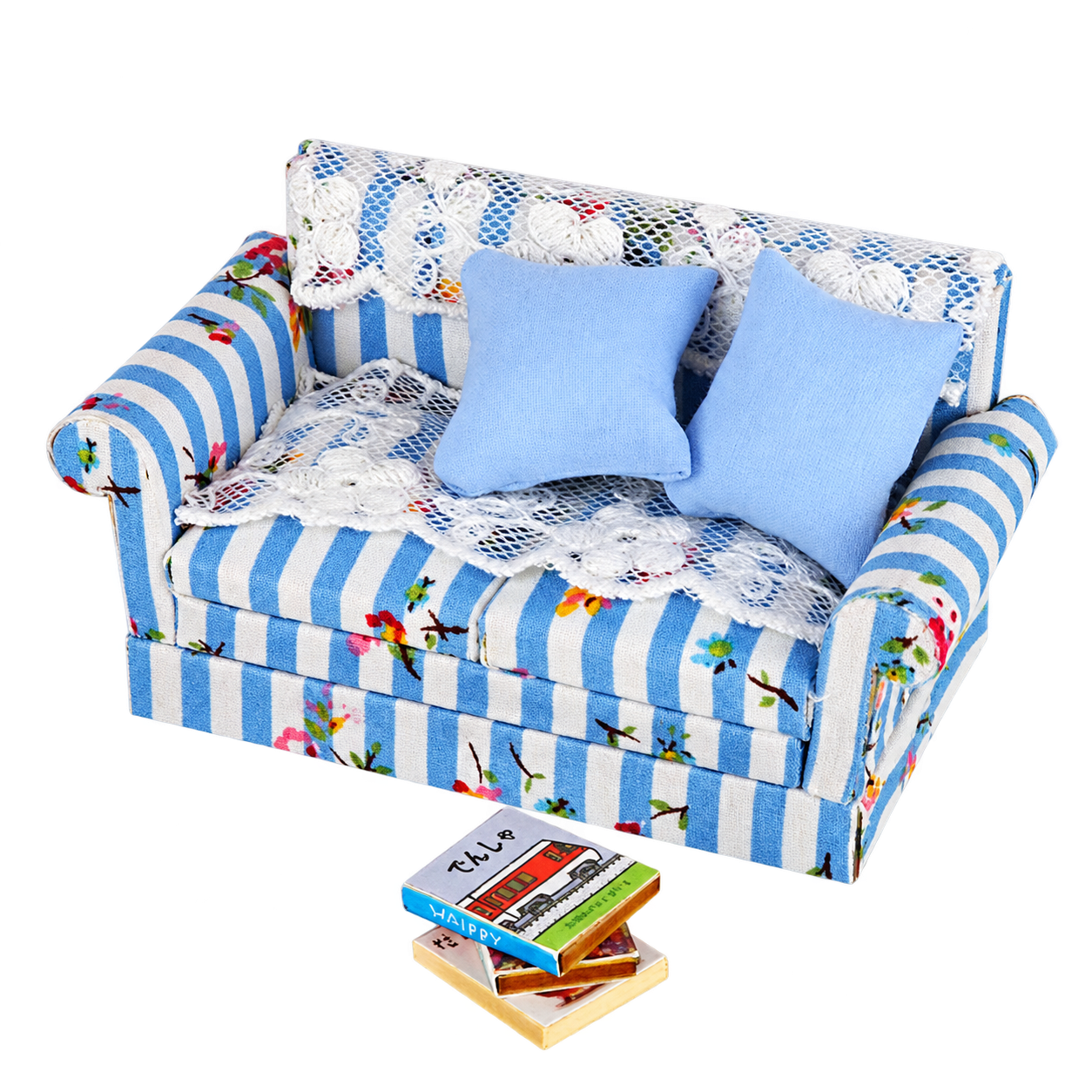 DIY miniatuur tweezitsbank met blauwe kussens en boeken op schaal 1:18