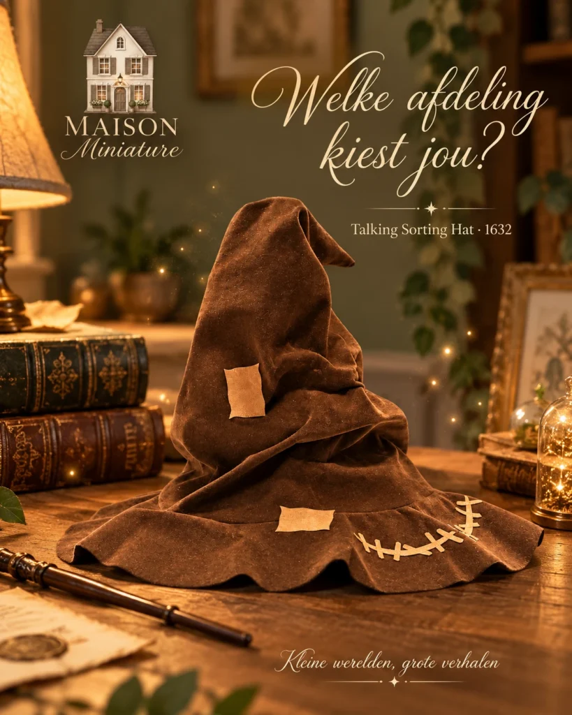 Talking Sorting Hat 1632 op een houten bureau in een warme leeshoek, met Maison Miniature-logo en de tekst Welke afdeling kiest jou?